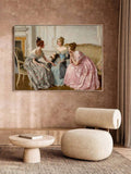 Pastel three women wall art above a chair in a modern living room