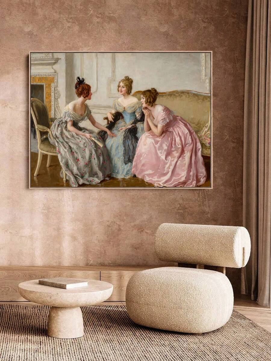 Pastel three women wall art above a chair in a modern living room