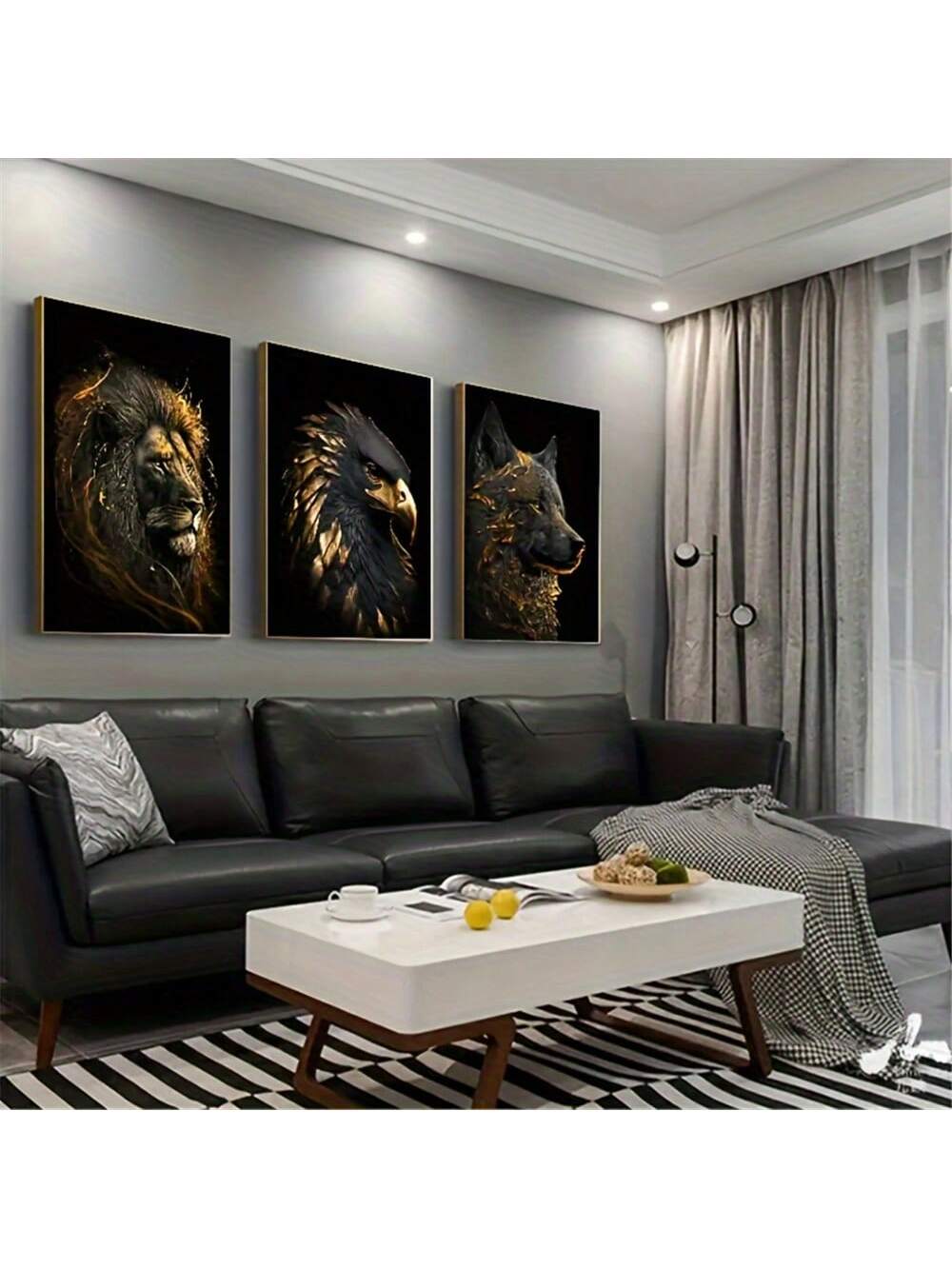 Elevate your space with this exquisite 3-piece canvas art set featuring majestic eagle, tiger, and lion designs in striking black and gold tones. Perfectly suited for both home and office environments, each piece captures the power and elegance of these iconic animals, adding a sophisticated and dynamic touch to your decor. Crafted with attention to detail, this set enhances any room with a bold yet refined aesthetic.