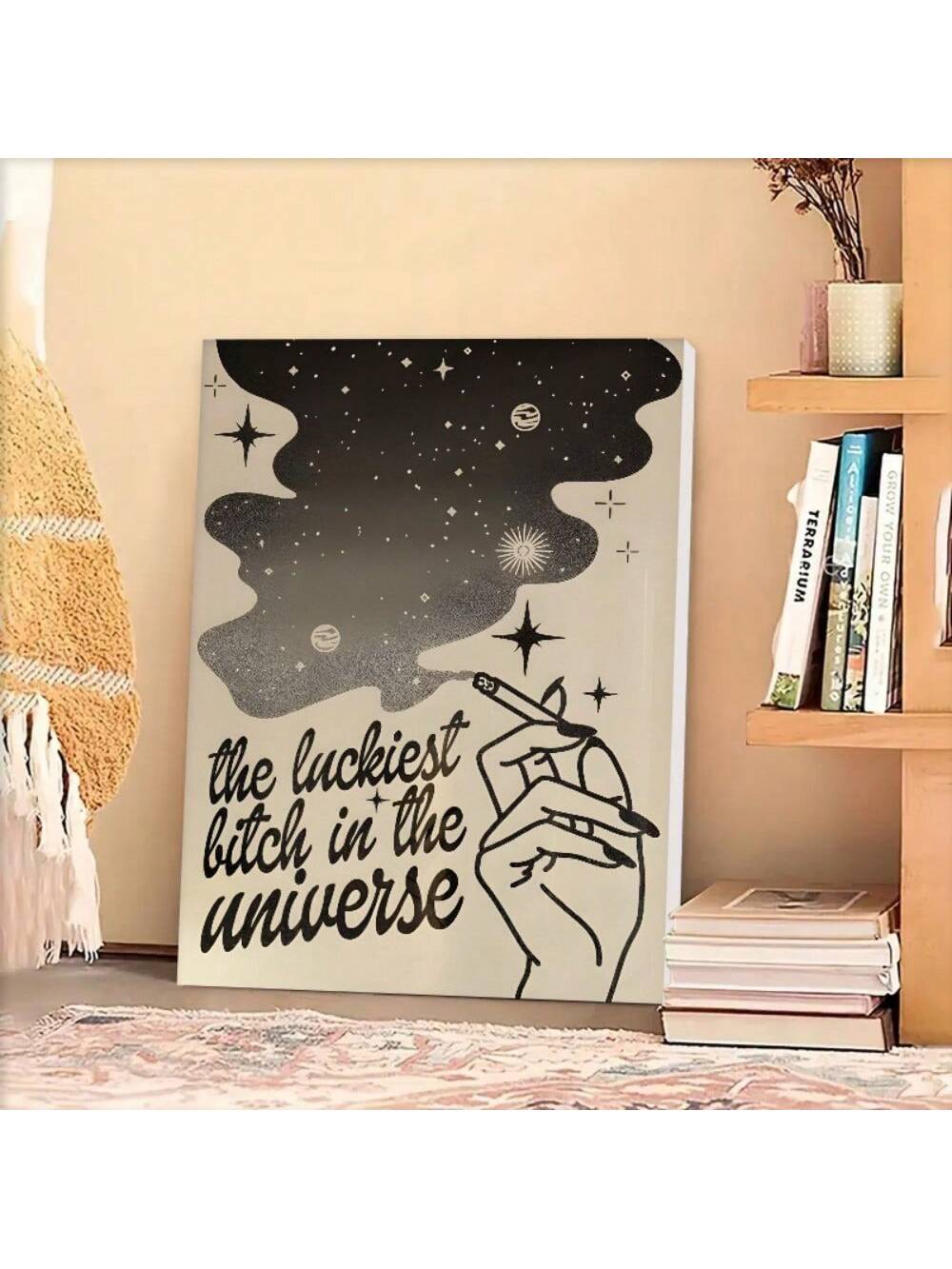 Enhance your home decor with our Starry Night Smoke painting. This wooden framed canvas piece adds a touch of elegance to any room. The beautiful color scheme and intricate design bring a sense of relaxation and tranquility to your space. Elevate your interior with this stunning home decoration.