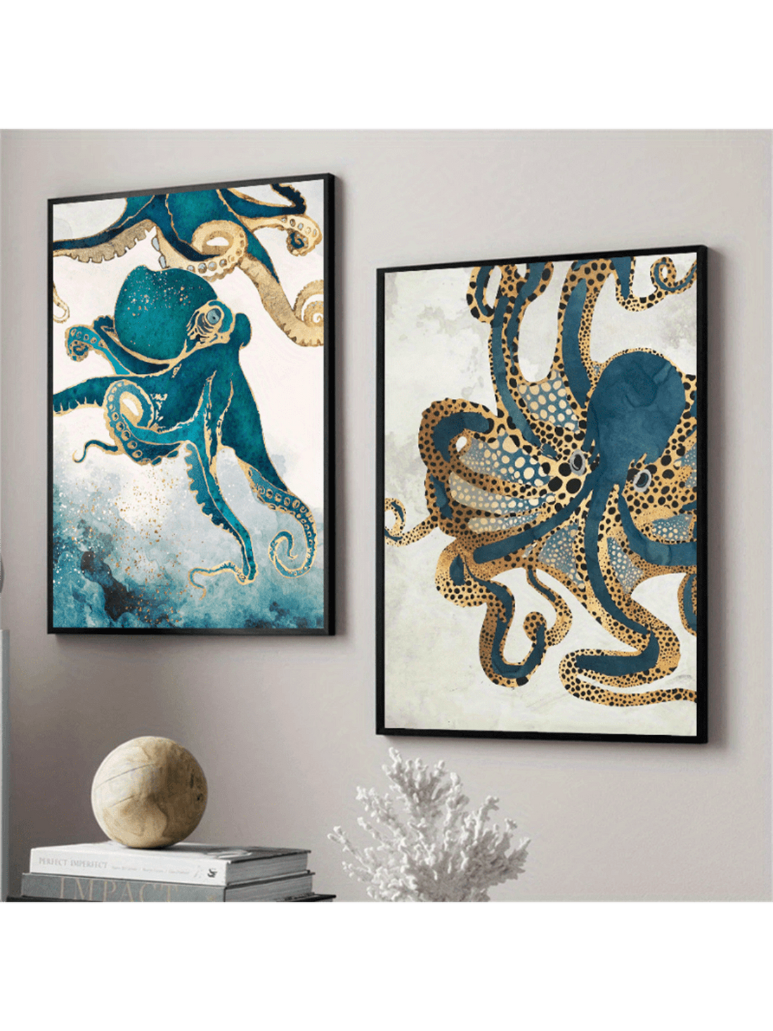 Display your love for the ocean with this elegant set of 2 canvas art featuring abstract octopus designs. These marine animal posters will add a touch of luxury and sophistication to your home decor. Made with high-quality materials, they are perfect for any art lover or interior design enthusiast.