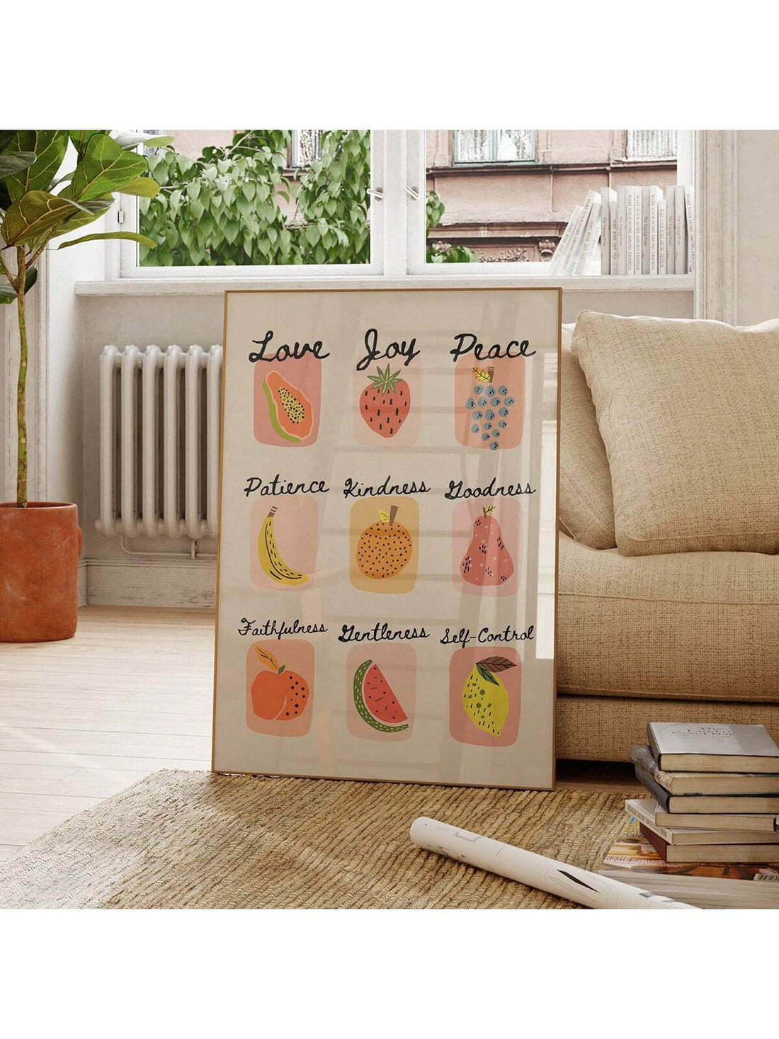 This Fruits of the Spirit Retro Christian Wall Art features inspiring scripture and adds a touch of faith to any home decor. Made with high-quality materials, it serves as a reminder of the values of love, joy, peace, patience, kindness, goodness, faithfulness, gentleness, and self-control.