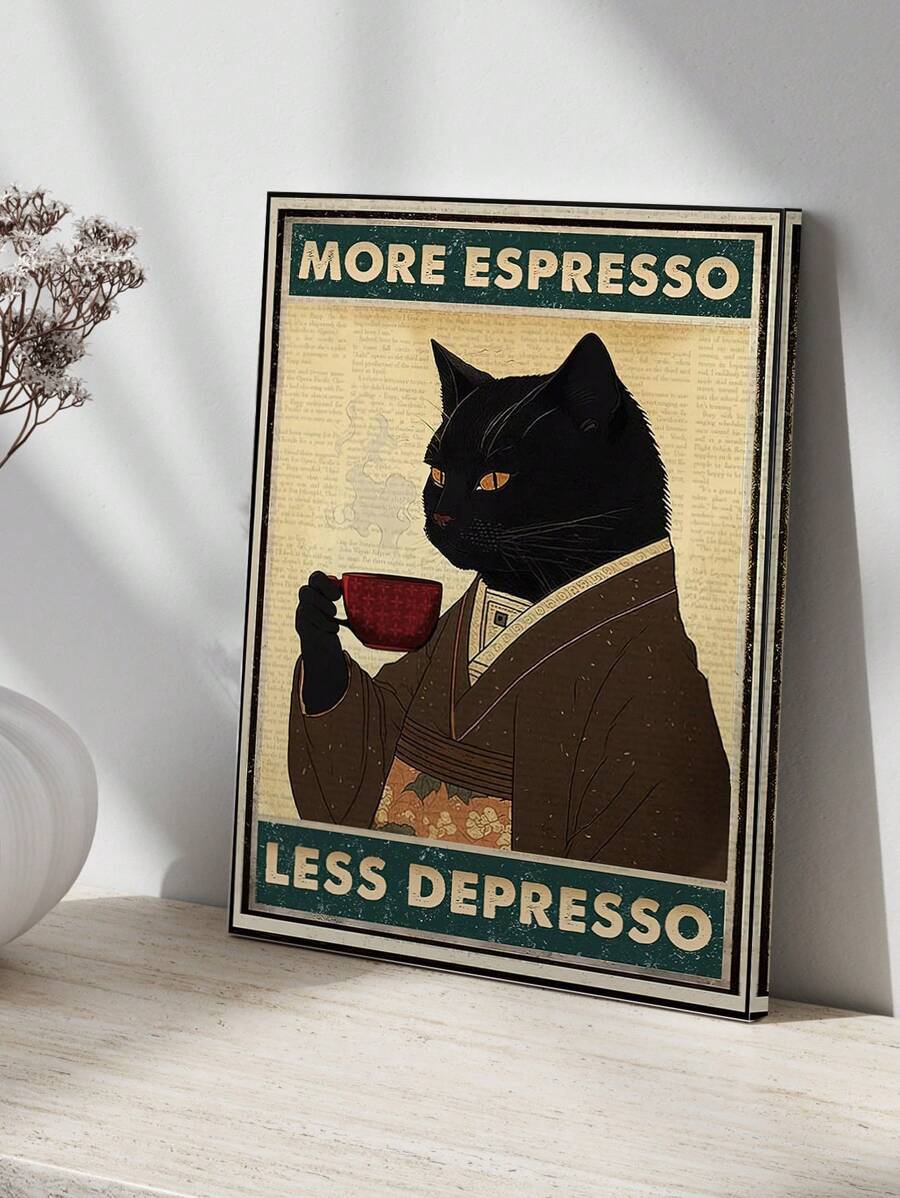 Sisters Over Misters colorful cat cocktail poster in a light wood frame