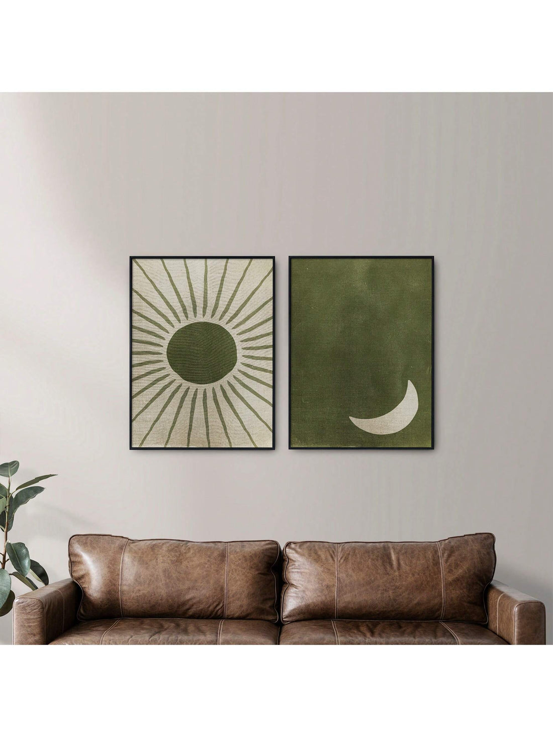 This Green Abstract Boho Canvas Paintings Set features a sun and moon design, perfect for those who appreciate a touch of bohemian style. Let the earthy green tones and abstract design bring a calming energy to any space. Unframed for easy customization and personalization.