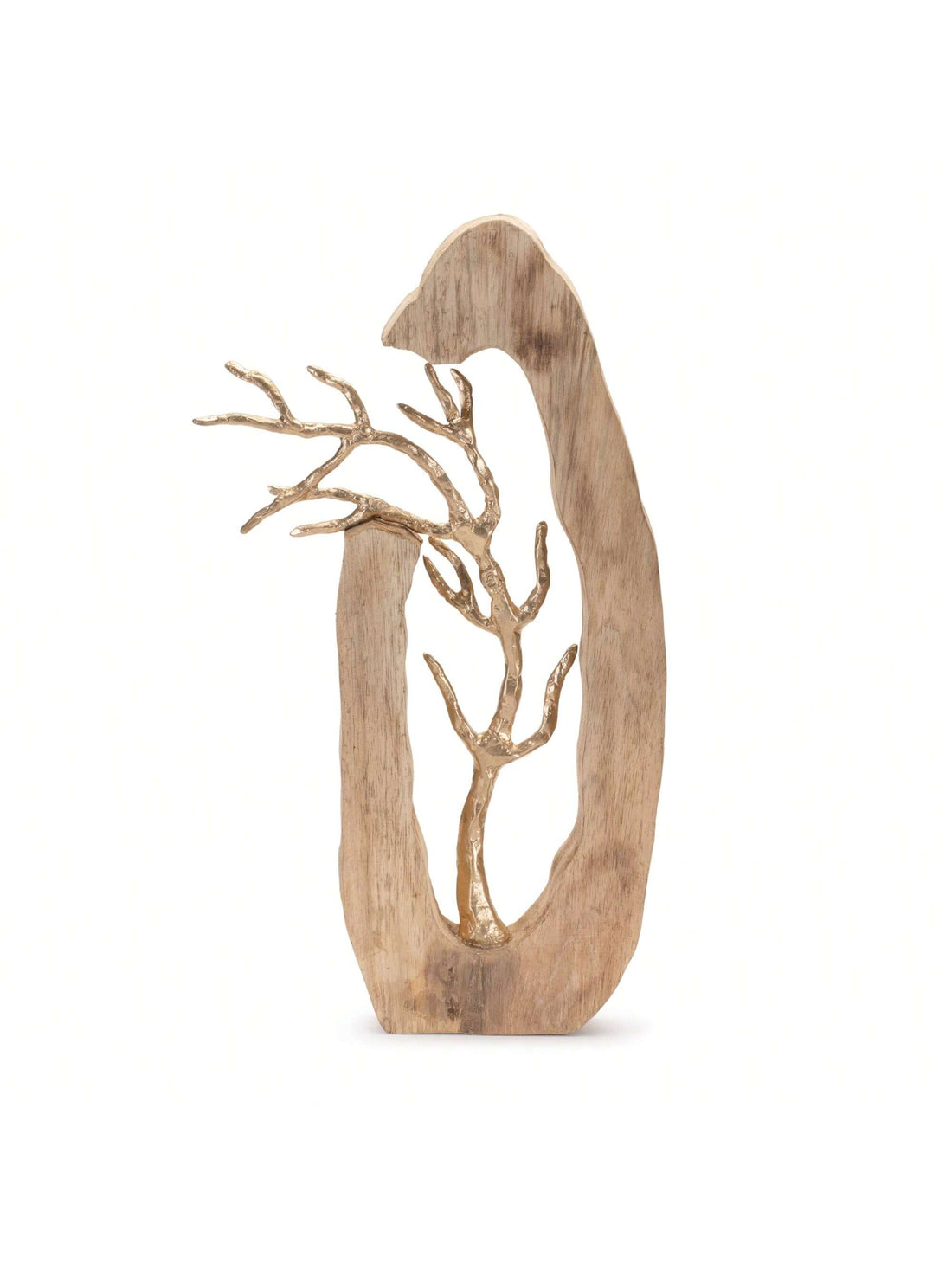 With a blend of mango wood and metal, this tree disc sculpture adds a touch of rustic elegance to any home decor. Expertly crafted, this unique piece will make a statement in any room. Add a natural and sophisticated element to your space with this handcrafted sculpture.