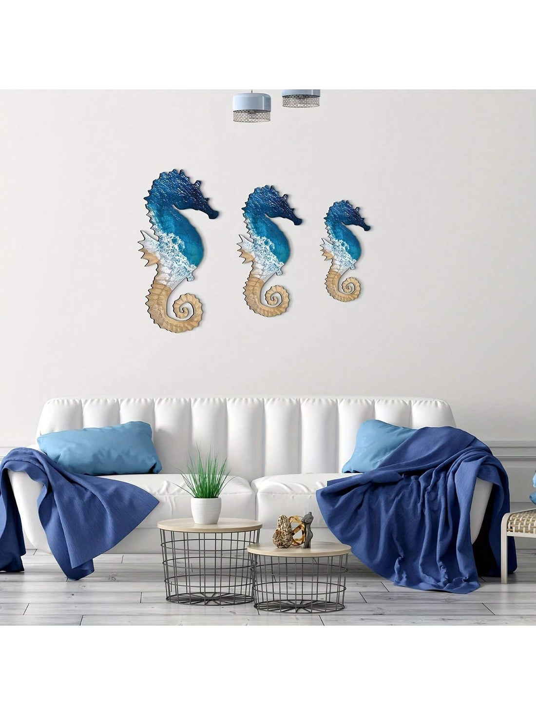 Enhance your wall decor with our Seahorse Serenity: 3 Piece Mediterranean Style Set. Crafted with intricate details, these seahorse designs will bring a touch of underwater charm to any room. Made with high-quality materials, these wall decorations are durable and long-lasting. Perfect for adding a coastal vibe to your home, office, or beach-house.