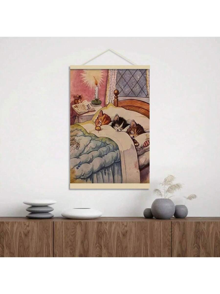 Storybook sleeping kittens canvas print in cozy bed by candlelit window