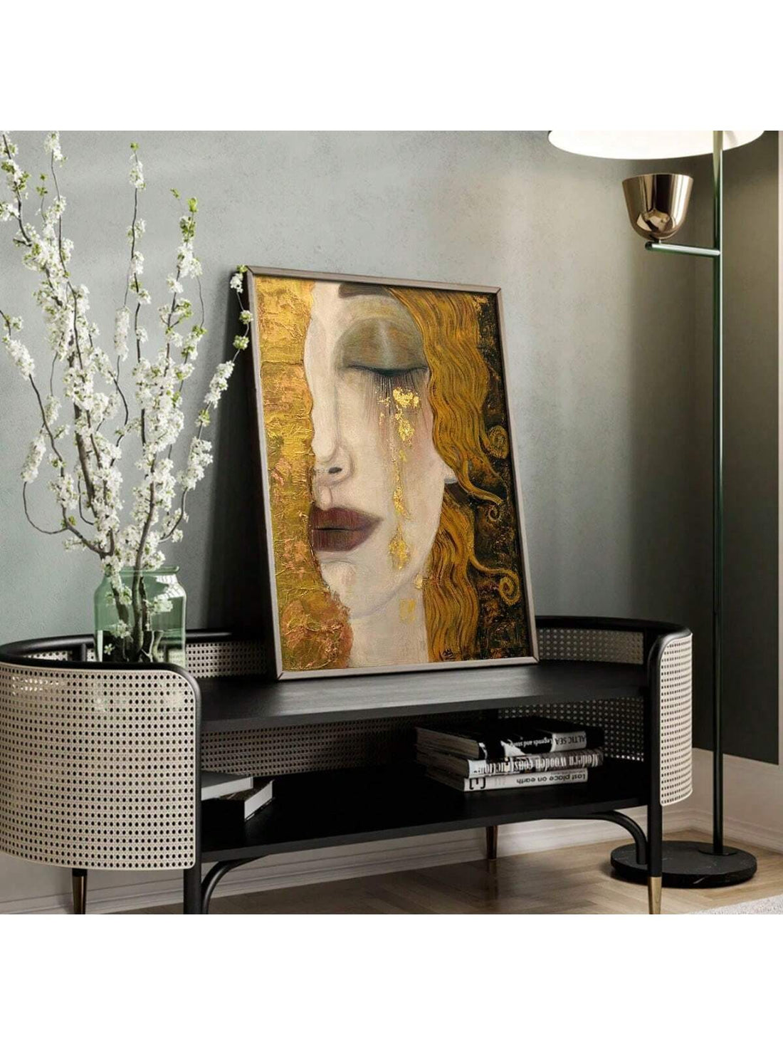 Experience the stunning emotion and beauty captured in this Golden Tears canvas artwork. With a frameless design, the focus remains on the powerful image of a woman's eyes, evoking feelings of sadness and strength. Made with high-quality materials, this decor piece will add a touch of elegance to any space.