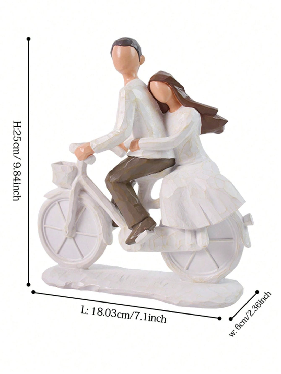 This hand-painted romantic cycling couple statue exudes whimsy and charm. The perfect home decor addition, it is also an ideal Valentine's Day gift. Crafted with attention to detail, this statue captures the joy and love shared between two people on a leisurely bike ride. Elevate your space with this enchanting piece.