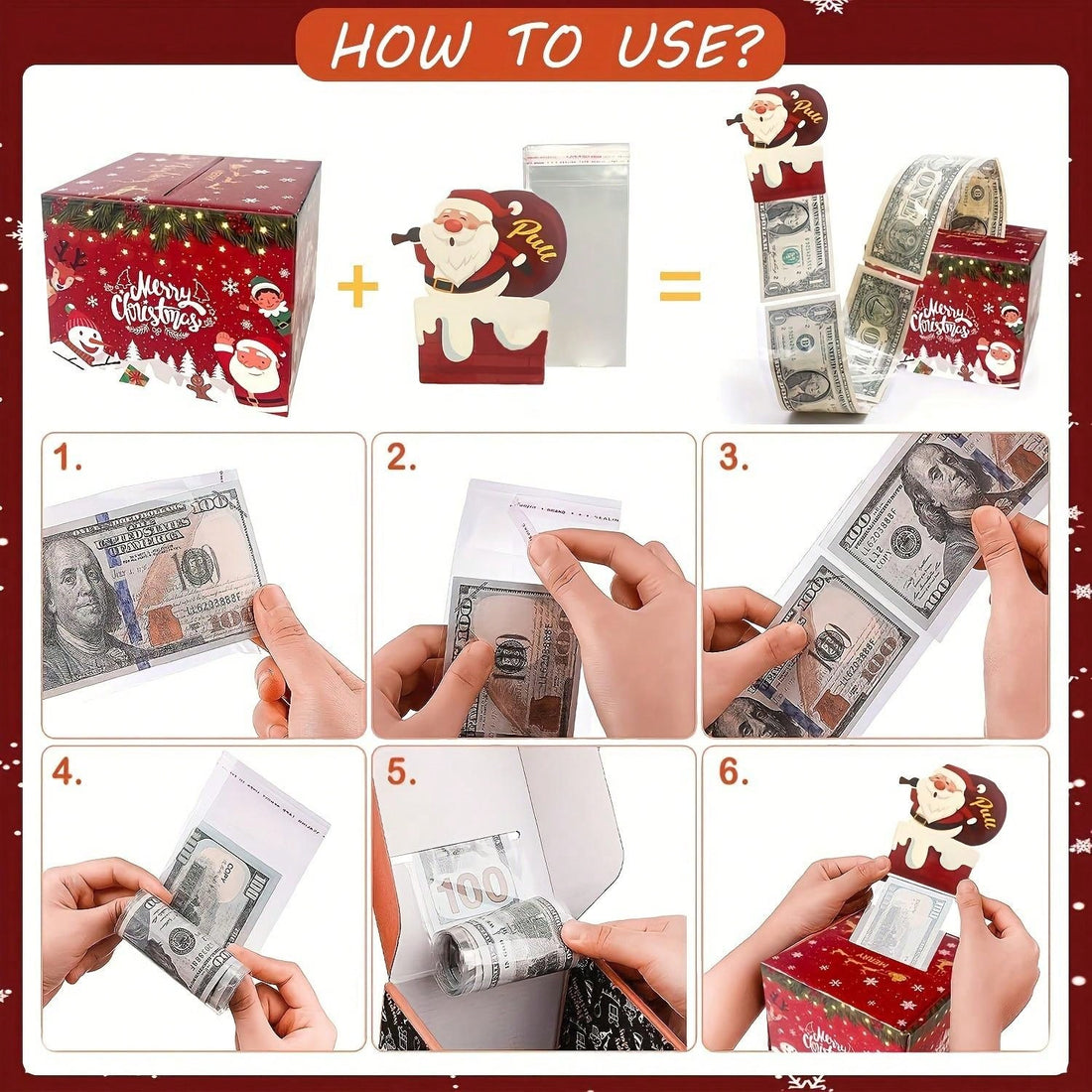 Surprise your loved ones this Christmas with the perfect gift - a Surprise Cash Box! This unique and thoughtful present allows you to hide cash, gift cards, or other small items, making for a fun and exciting surprise. With its sturdy design and festive theme, it is sure to be a hit with anyone on your gift list.