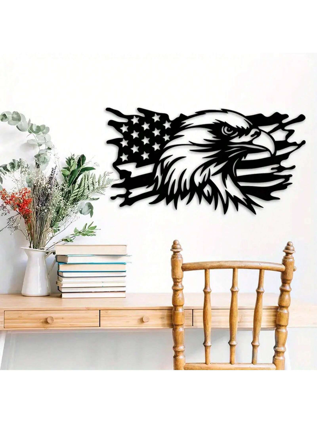 This vibrant metal American flag decor features a fierce patriotic eagle, making it the perfect addition for year-round celebrations. Made with quality craftsmanship, it adds a touch of patriotism to any room. Show your love for the country with this stunning wall art.