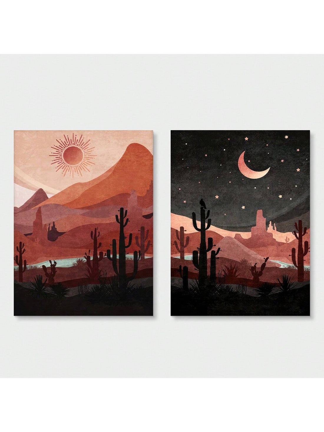 Elevate your home decor with Desert Dreams: 2-Piece Canvas Wall Art Set, featuring Boho-inspired sun and moon cactus prints. These stylish pieces will bring a touch of nature and tranquility to any room. Made with high-quality canvas, this set is the perfect addition for any design savvy individual.