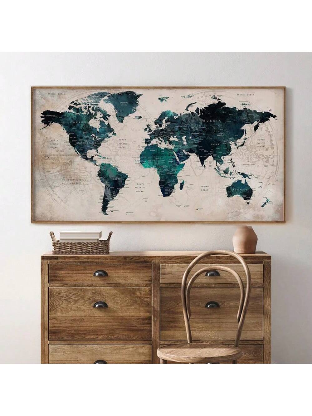 Elevate your space with this vintage-inspired world map canvas print, designed to bring a timeless artistic touch to any bedroom, living room, or office. Crafted with attention to detail, this canvas combines classic cartographic elements with a warm, aged aesthetic, making it both a decorative focal point and a conversation starter. Its versatile design complements various interior styles, adding depth and character while inspiring a sense of adventure and global curiosity. Ideal for those seeking sophisti