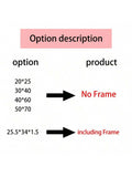 Option description showing unframed sizes plus 25.5x34x1.5 cm framed option