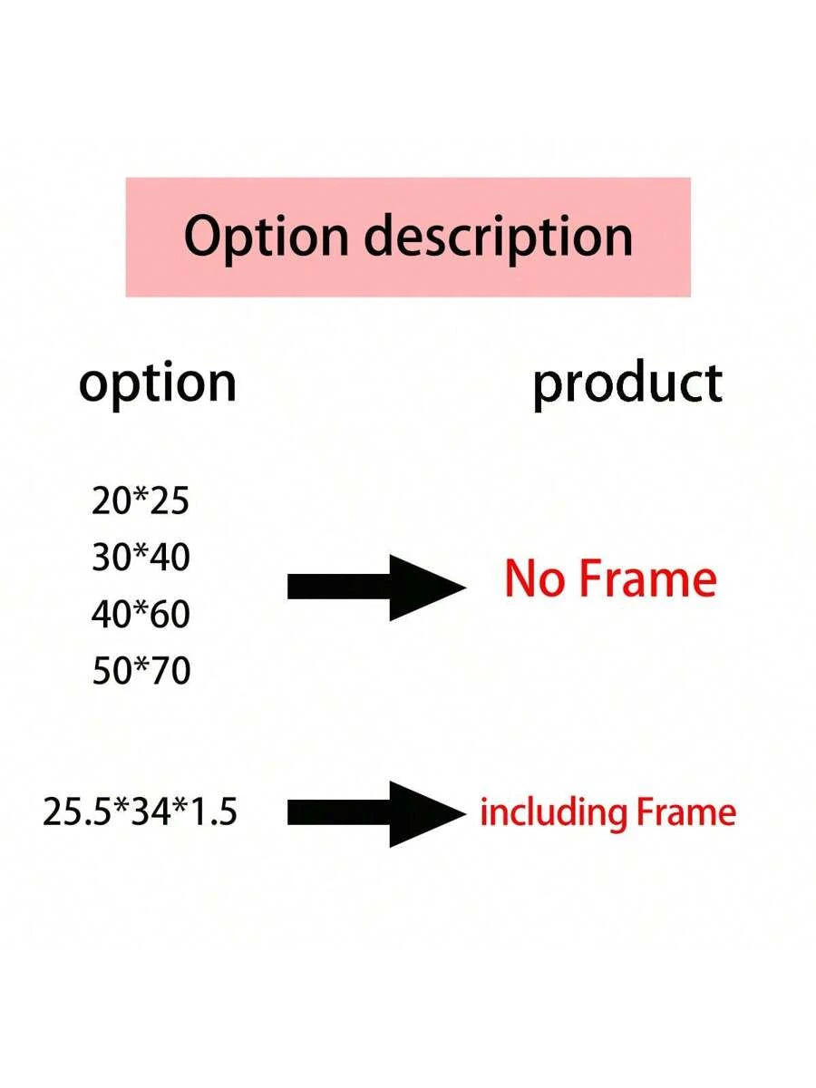 Option description showing unframed sizes plus 25.5x34x1.5 cm framed option