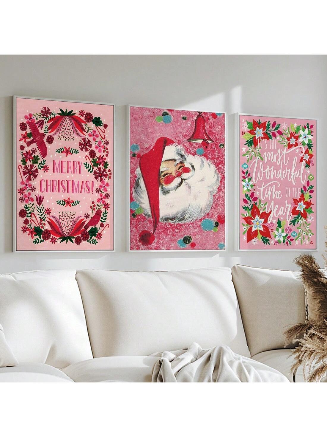 This whimsical pink Christmas wall art set, consisting of 3 frameless canvas pieces, adds a cozy holiday vibe to any room. Bring joy and warmth to your home with this unique and charming decor.