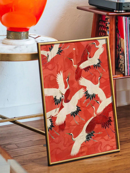 Vintage herons and cranes flock illustration canvas poster in mustard yellow tones