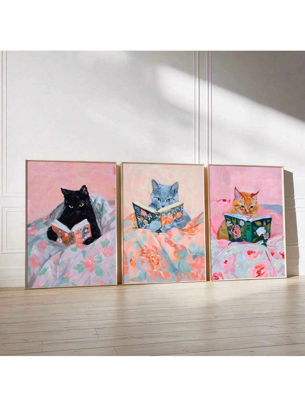 Transform your home décor with the Whimsical Whiskers 3-Piece Set! These cute cat reading art posters will add a touch of trendiness to any room. Made with high-quality materials, these posters are suitable for any living space. Express your love for cats and literature with this charming set.