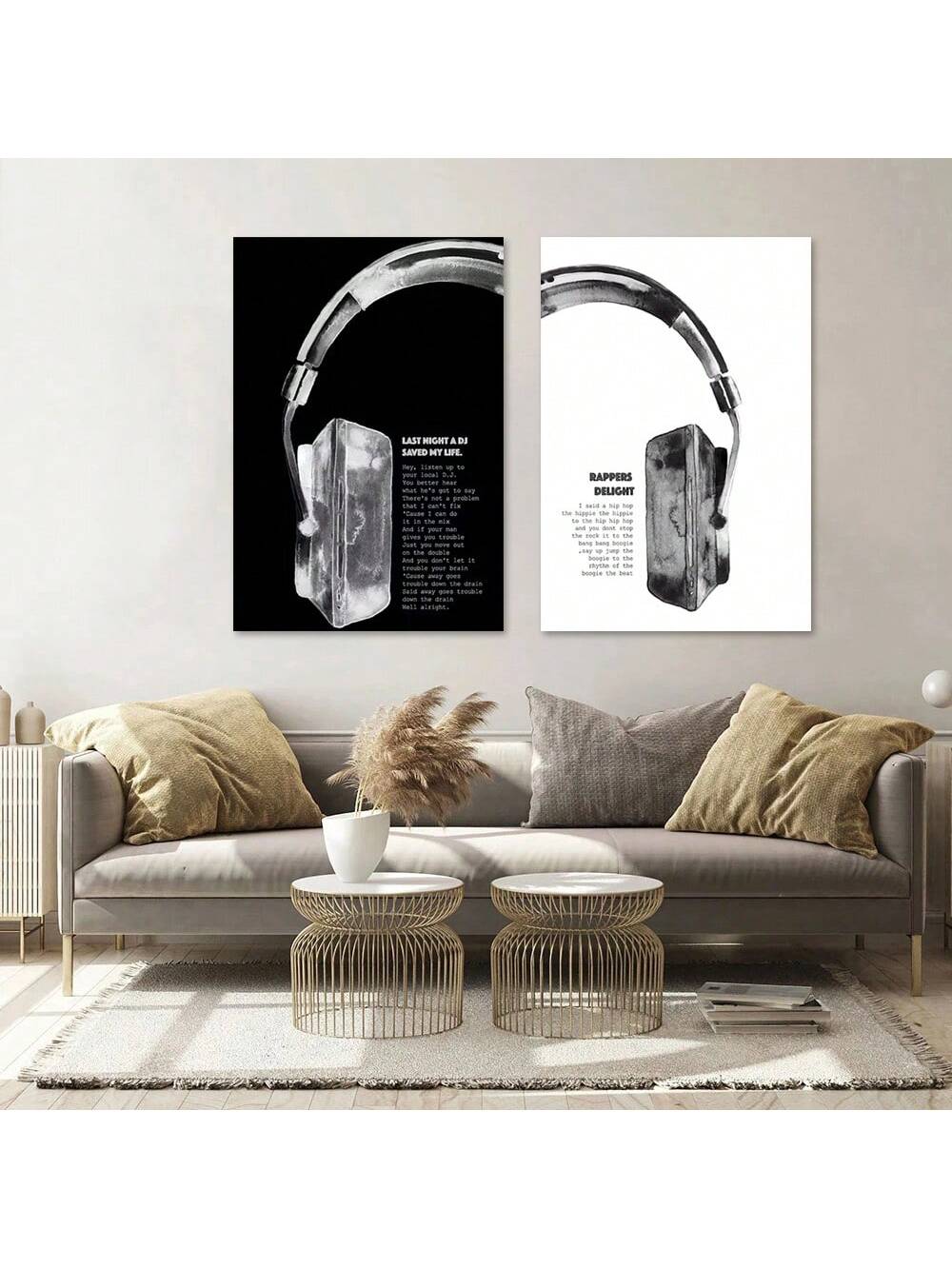 Enhance your home decor with this set of 2 Black and White Headphones Wall Paintings. These music-inspired oil paintings add a touch of sophistication to any room. With their sleek design and high-quality materials, these paintings are the perfect addition to your home.