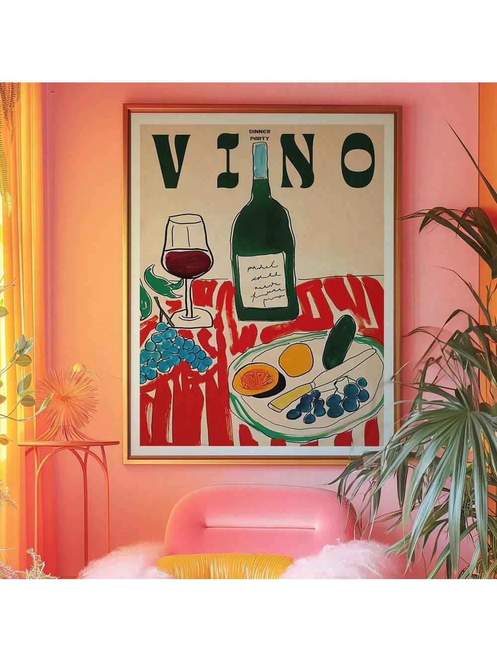 Add a pop of color to your kitchen with our Vibrant Summer Vino Wall Art. This unframed retro poster features a playful design that will liven up any space. Show off your love for wine and add a touch of fun to your home decor. Cheers to that!
