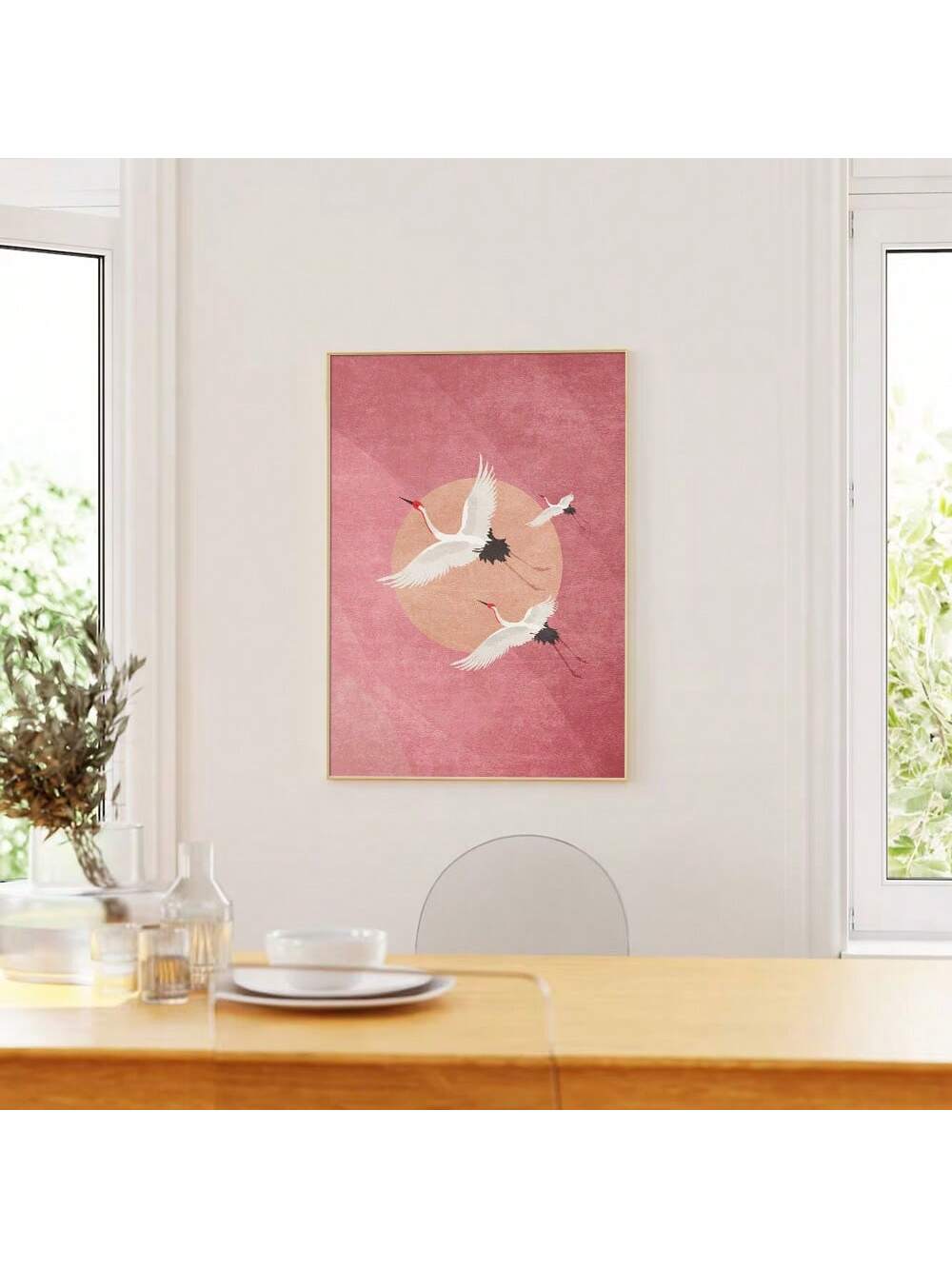 Enhance your home decor with this chic, unframed canvas print featuring pink flying cranes in an abstract design. Made for those with a love for bohemian vibes, this intricate piece adds a touch of charm and elegance to any room. Elevate your space with 100% original art that will captivate any onlooker.