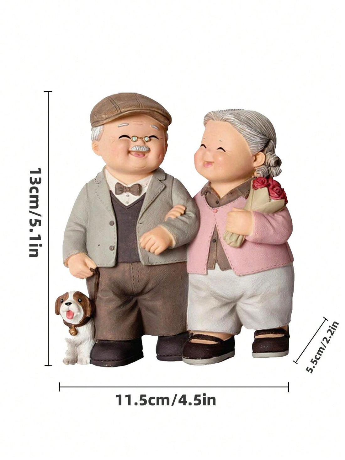 This beautifully hand-painted resin figurine depicts an elderly couple with their faithful dog, exuding heartwarming love and companionship. A perfect addition to any timeless home decor, this sculpture represents the enduring bond between humans and their beloved pets. Bring warmth and joy into your space with this charming piece.