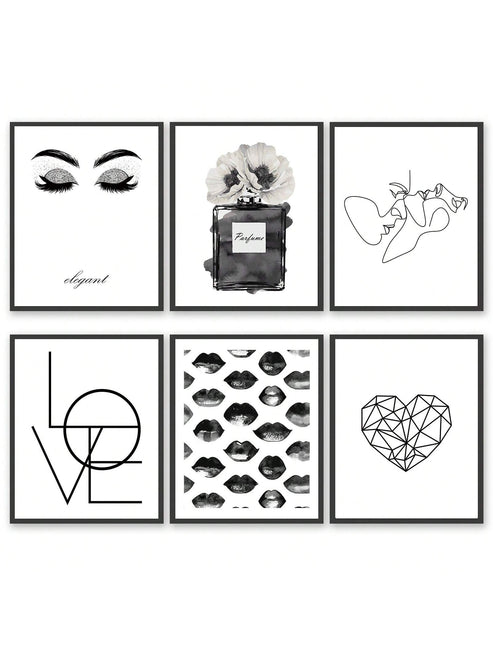 Six piece black and white minimalist line art poster set for modern home decor