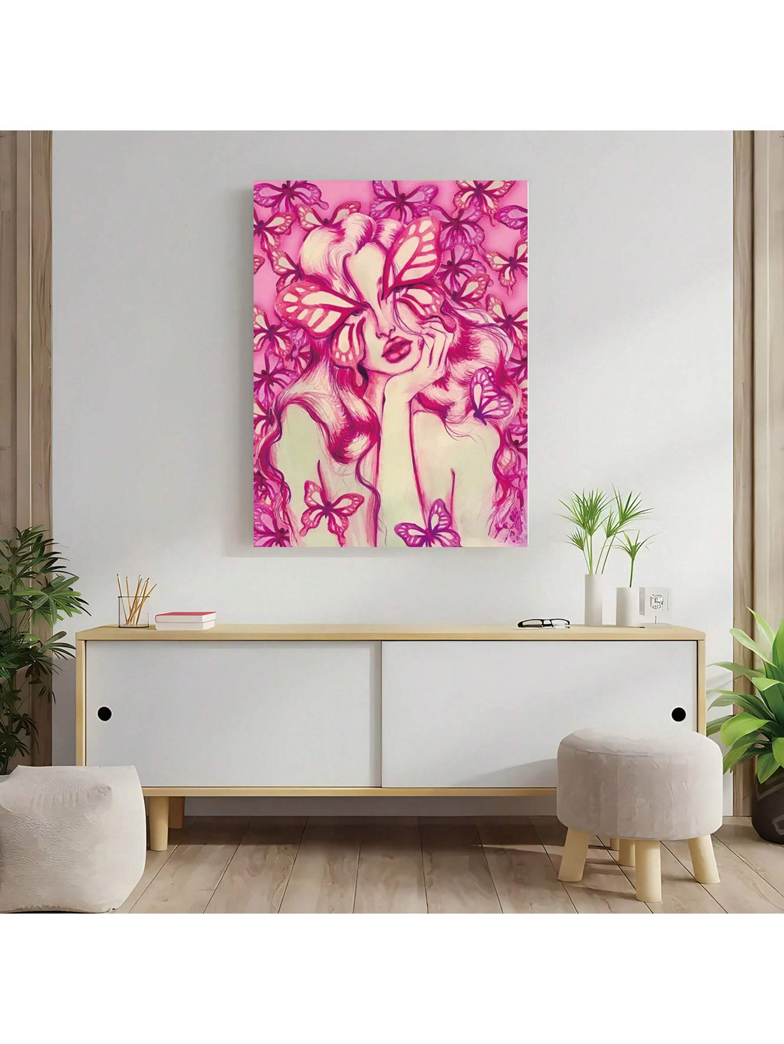 Elevate your wall decor with our Modern Pink Butterfly Woman Portrait Canvas Art. This elegant piece adds a touch of sophistication to any room, making it perfect for bedrooms, living rooms, and offices. The beautiful butterfly and woman portrait design adds a sense of tranquility and style.