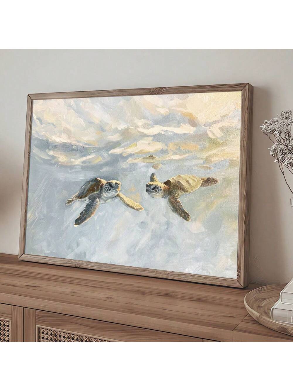 Transform your space with this sophisticated unframed watercolor sea turtle art poster. The delicate brushwork captures the graceful movement of the sea turtle, making it an ideal focal point for coastal-inspired interiors. This art piece adds a refined marine aesthetic to any room while complementing existing décor elements with its subtle color palette and artistic composition.