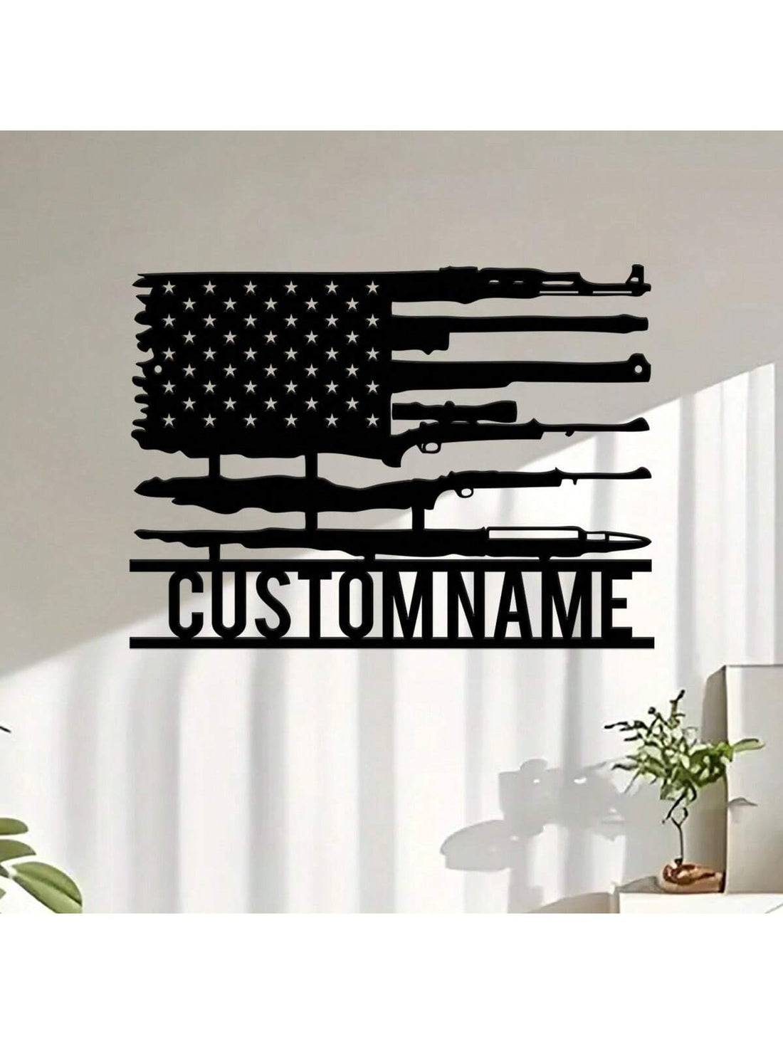 This personalized American Flag Gun Wall Art is the perfect way to showcase your support for the Second Amendment. Each piece is custom made with your name, creating a unique and meaningful decoration for any space. Made with high-quality materials, this wall art is a durable and patriotic addition to your home.