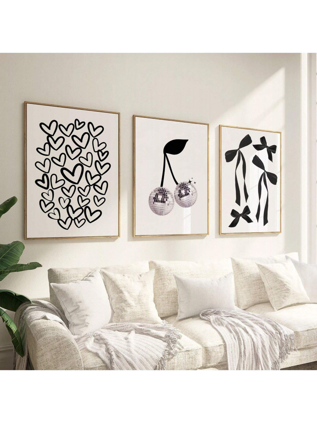 Enhance your living space with our Preppy Aesthetic Wall Art Set featuring stylish and timeless designs of a Black &amp; White Bow, Cherry, and Hearts. Elevate the look and feel of your room while adding a touch of elegance and chicness. Made with high-quality materials, these canvas paintings are sure to make a lasting impression.