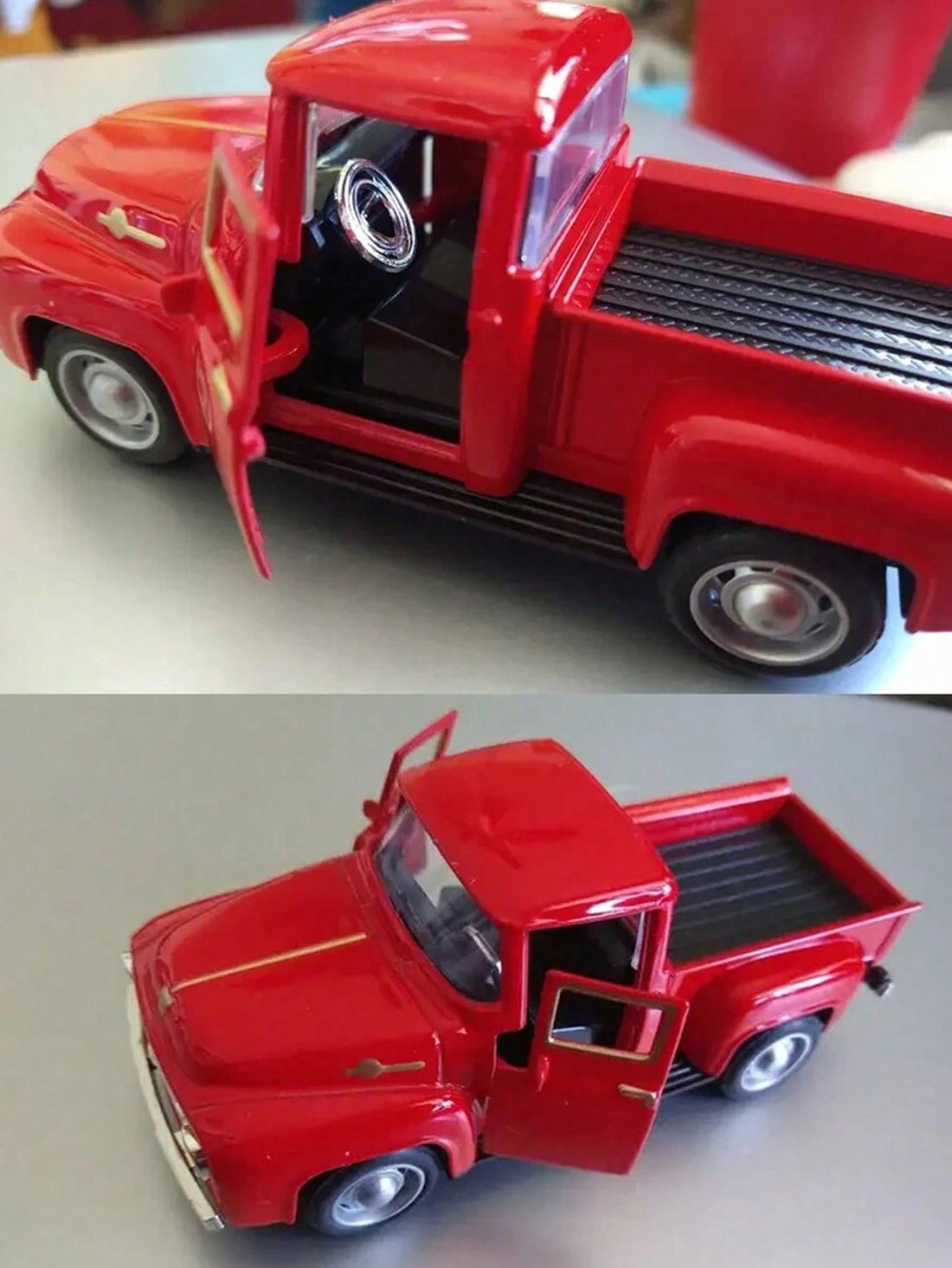 Vintage Red Truck Christmas Decor - Retro Farmhouse Tabletop Diecast Accent