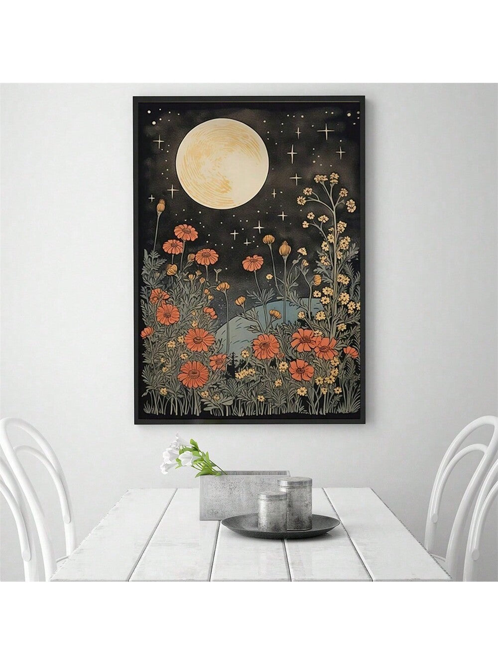 Enhance your dark aesthetic decor with Celestial Elegance. This vintage moon and floral canvas art adds a touch of elegance to any living room, sofa backdrop, or bedside. Perfect for home decor, this piece comes without a frame for a customizable look. Add a touch of celestial beauty to your space.