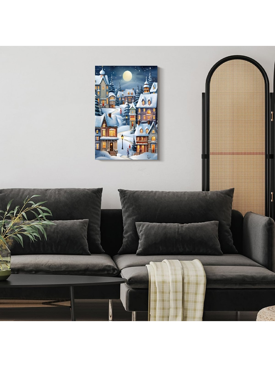 This framed canvas art features a vintage Christmas village, perfect for adding a touch of retro winter wonderland charm to your home decor. Made with high-quality materials, it will bring a nostalgic and festive touch to any room.