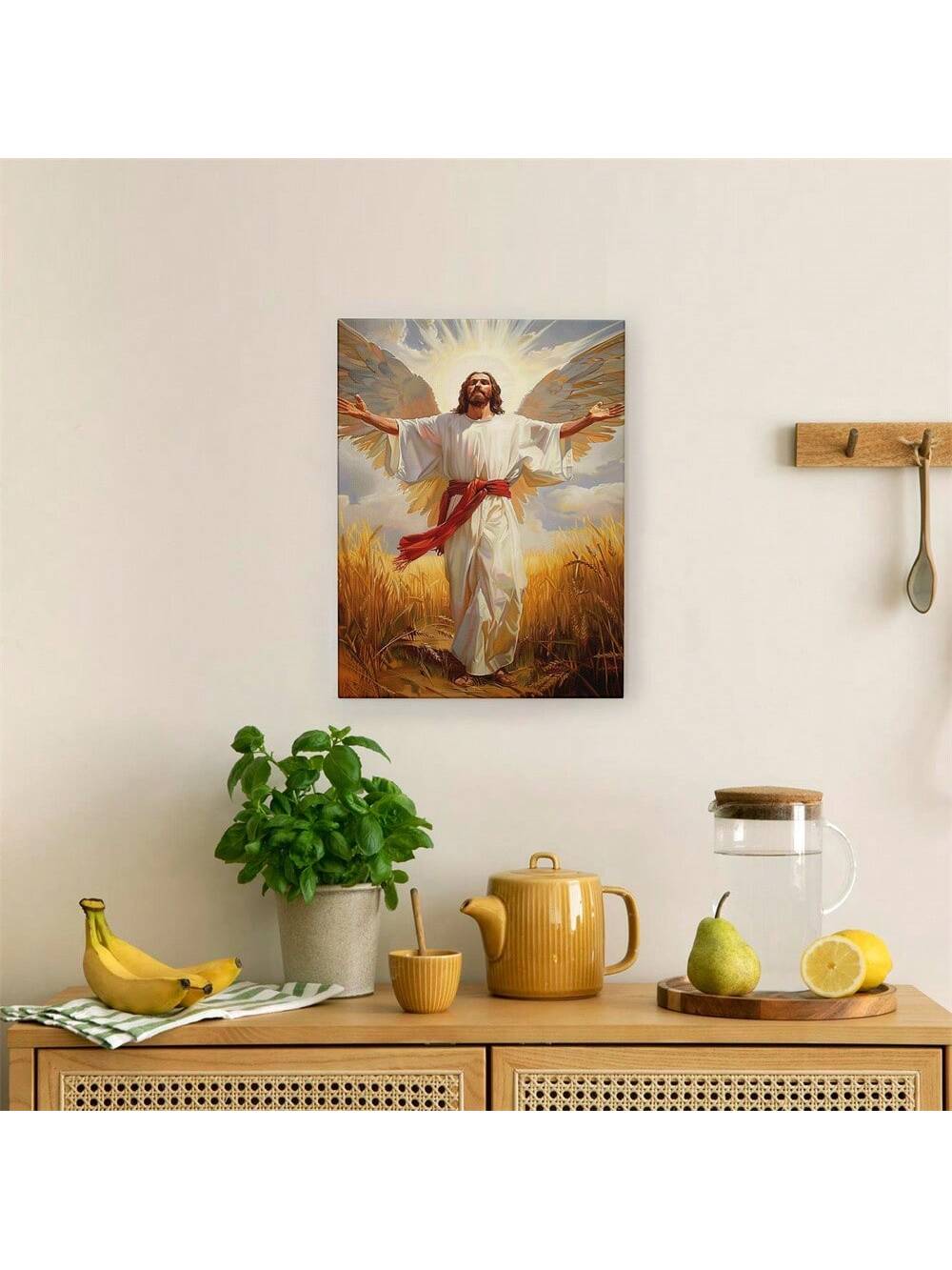 Enhance your spiritual home with Divine Serenity: Angel Canvas Mural, featuring serene angels in stunning detail. Crafted for optimal aesthetics, this canvas mural provides a peaceful and calming atmosphere. Elevate your space with this expertly crafted piece, perfect for any spiritual setting.