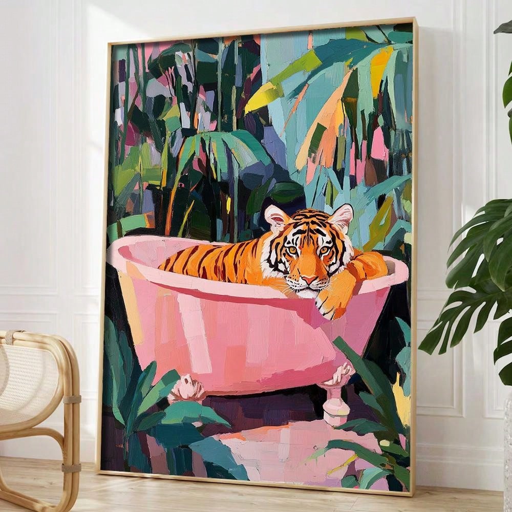 Enhance your bathroom with this playful and aesthetic wall art featuring a majestic tiger. Made with high-quality, unframed canvas, this piece adds a touch of nature and style to your space. Perfect for any tiger enthusiast or anyone looking to add a unique touch to their bathroom decor.