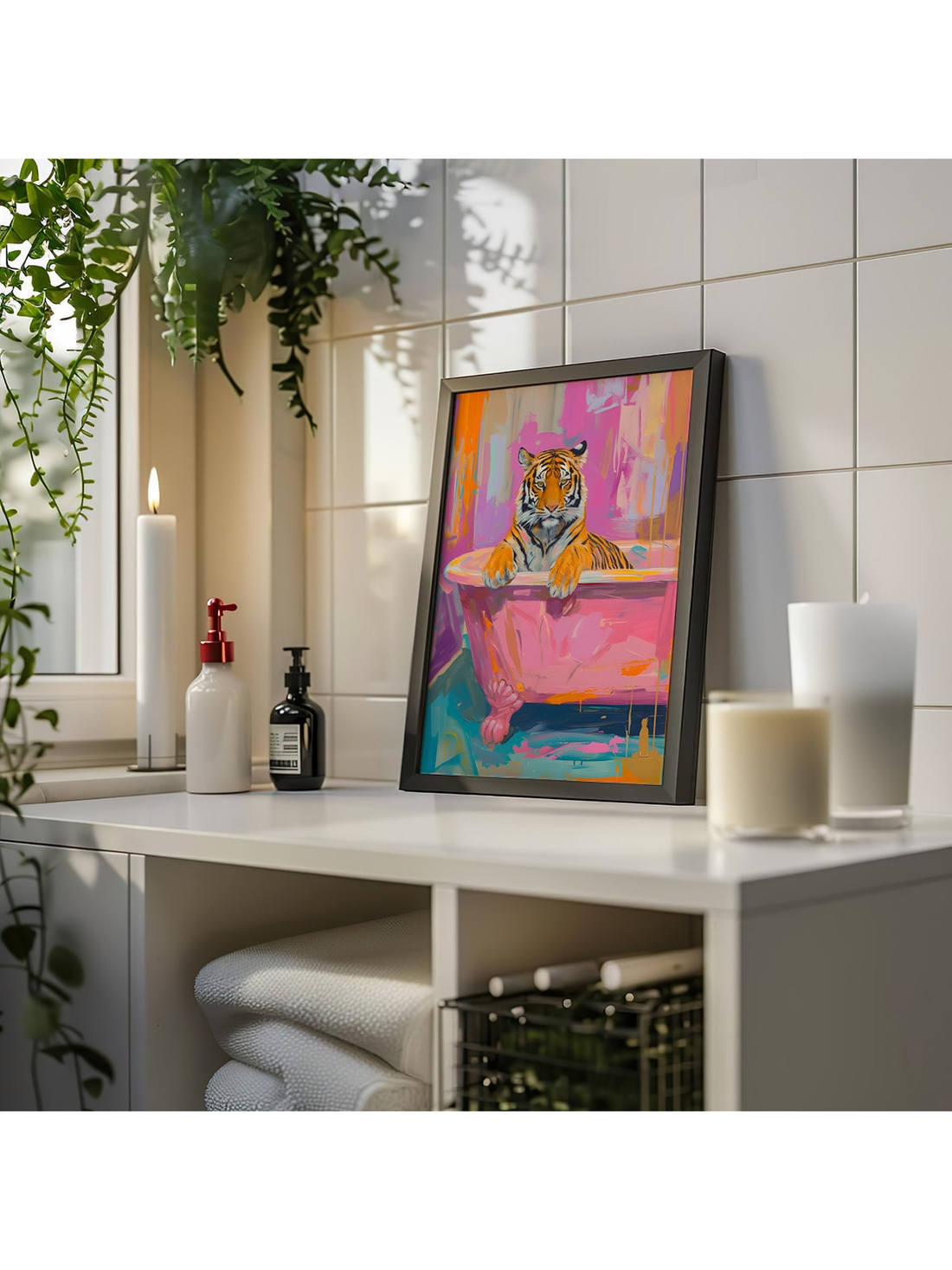 Art. This trendy piece features a playful pink tiger lounging in a bathtub, perfect for adding a pop of color to any bathroom. Made with high-quality canvas, it's a unique and stylish addition to your home.