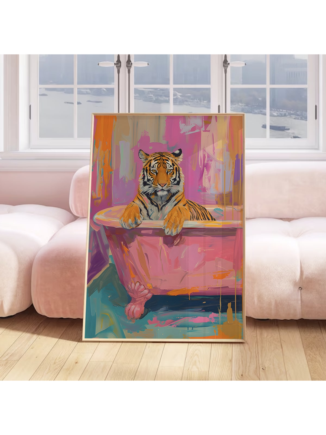 Add a whimsical touch to your home decor with our trendy and waterproof canvas poster featuring a playful pink tiger in a bathtub. Made with high-quality materials, this unique piece adds both style and functionality to any room. Elevate your space with this charming and durable wall art.