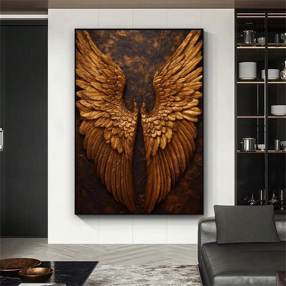 Add an elegant touch to your bedroom or living room with this modern wall decor featuring golden abstract angel wings. Made from high-quality canvas, this piece adds a touch of sophistication to any space. Elevate your home decor with a touch of celestial inspiration.