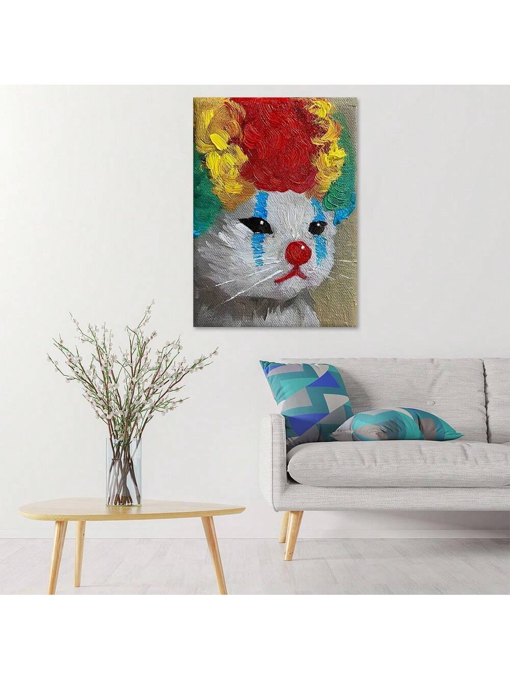 This Whimsical Clown Cat Canvas Art Print is the perfect playful addition to your home decor. Featuring a charming cat dressed as a clown, this piece adds a touch of whimsy to any space. Made with high-quality canvas, it's durable and perfect for any animal lover.