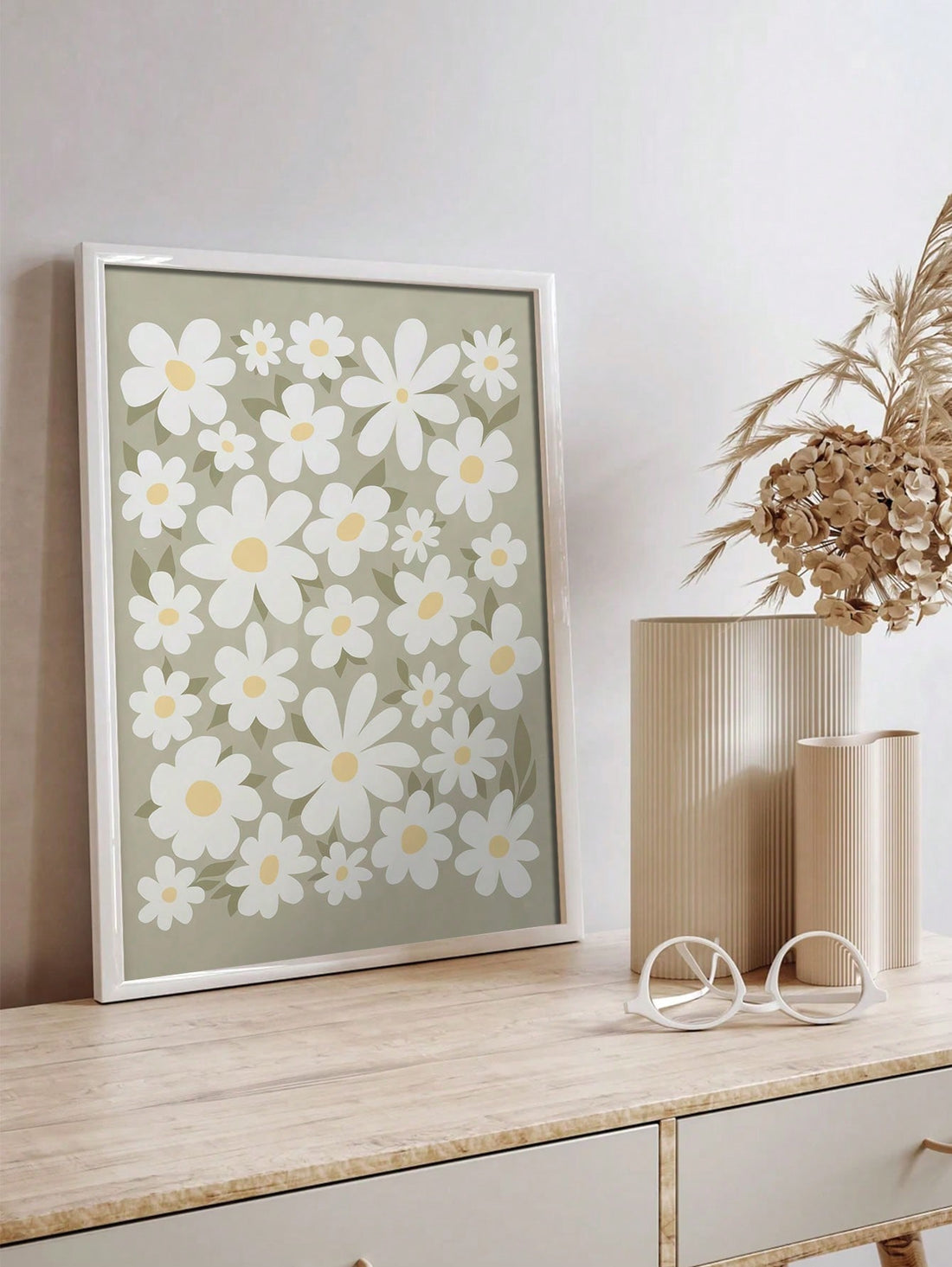 Charming Green Daisies Canvas Wall Art - Floral Illustration for Home Decor