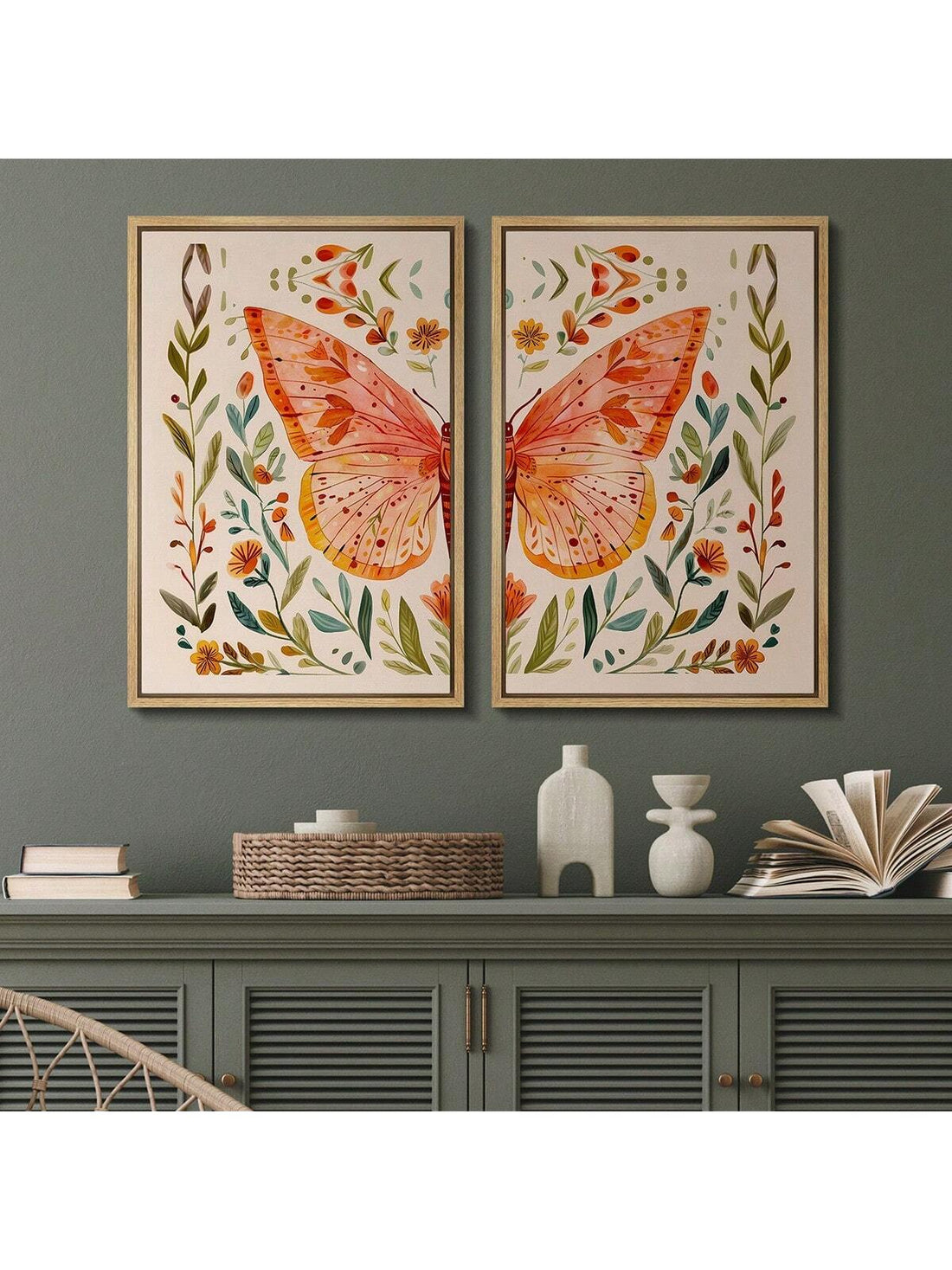 Enhance your living space with this elegant 2-piece framed canvas wall art set, featuring delicate flower and butterfly prints. Designed to complement mid-century modern and boho decor, these pieces bring a refined yet natural touch to your walls. The high-quality framing ensures durability while highlighting intricate details, offering both aesthetic appeal and timeless style for your home or office. Ideal for those seeking sophisticated, nature-inspired artwork with a contemporary edge.