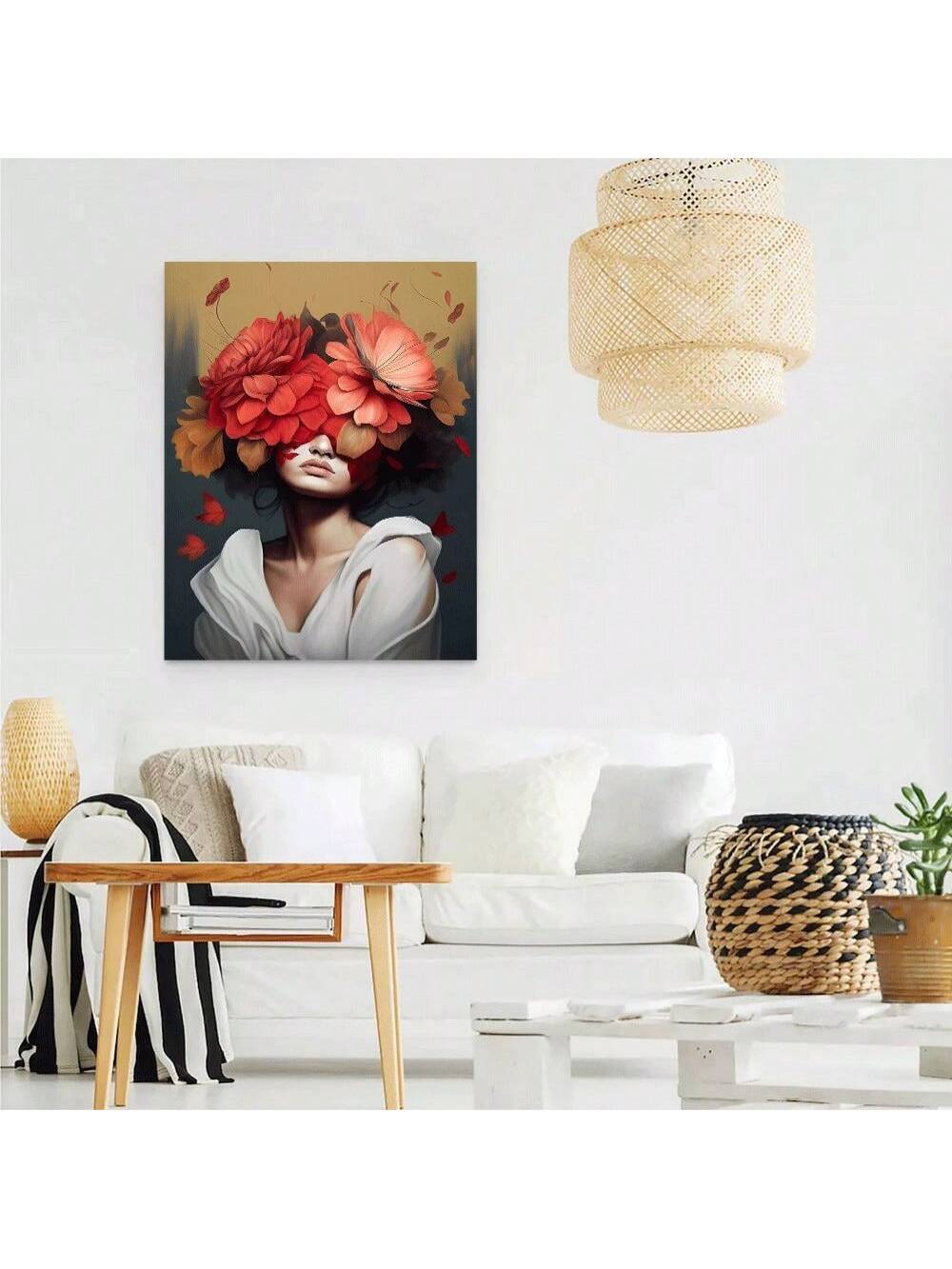 This framed canvas art features a woman with a red flower, surrounded by elegant floral patterns. The high-quality materials and sturdy frame make this piece a lasting addition to any room. With its serene and feminine subject, it adds a touch of sophistication and beauty to your decor.