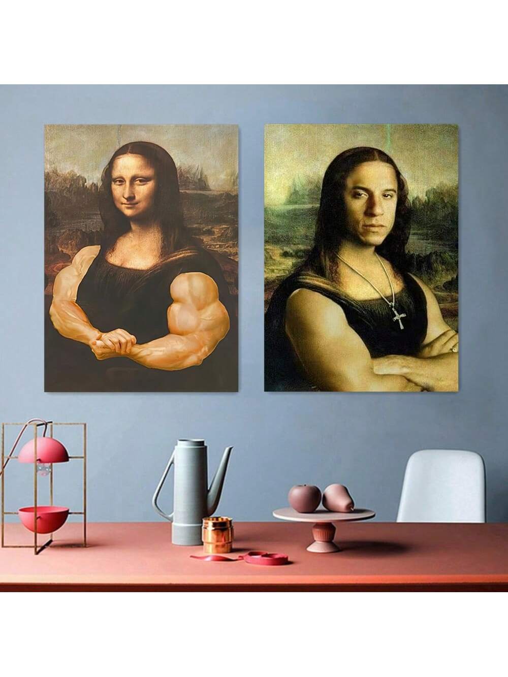 This canvas art set features the iconic Mona Lisa with a twist - she has muscular arms! The whimsical 2-piece prints are perfect for adding a touch of humor to your home decor. Made with high-quality materials, these prints are sure to be a unique addition to any room. Elevate your home with this one-of-a-kind artwork.