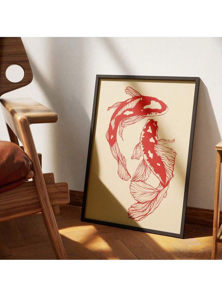 Red koi fish line art print leaning in black frame