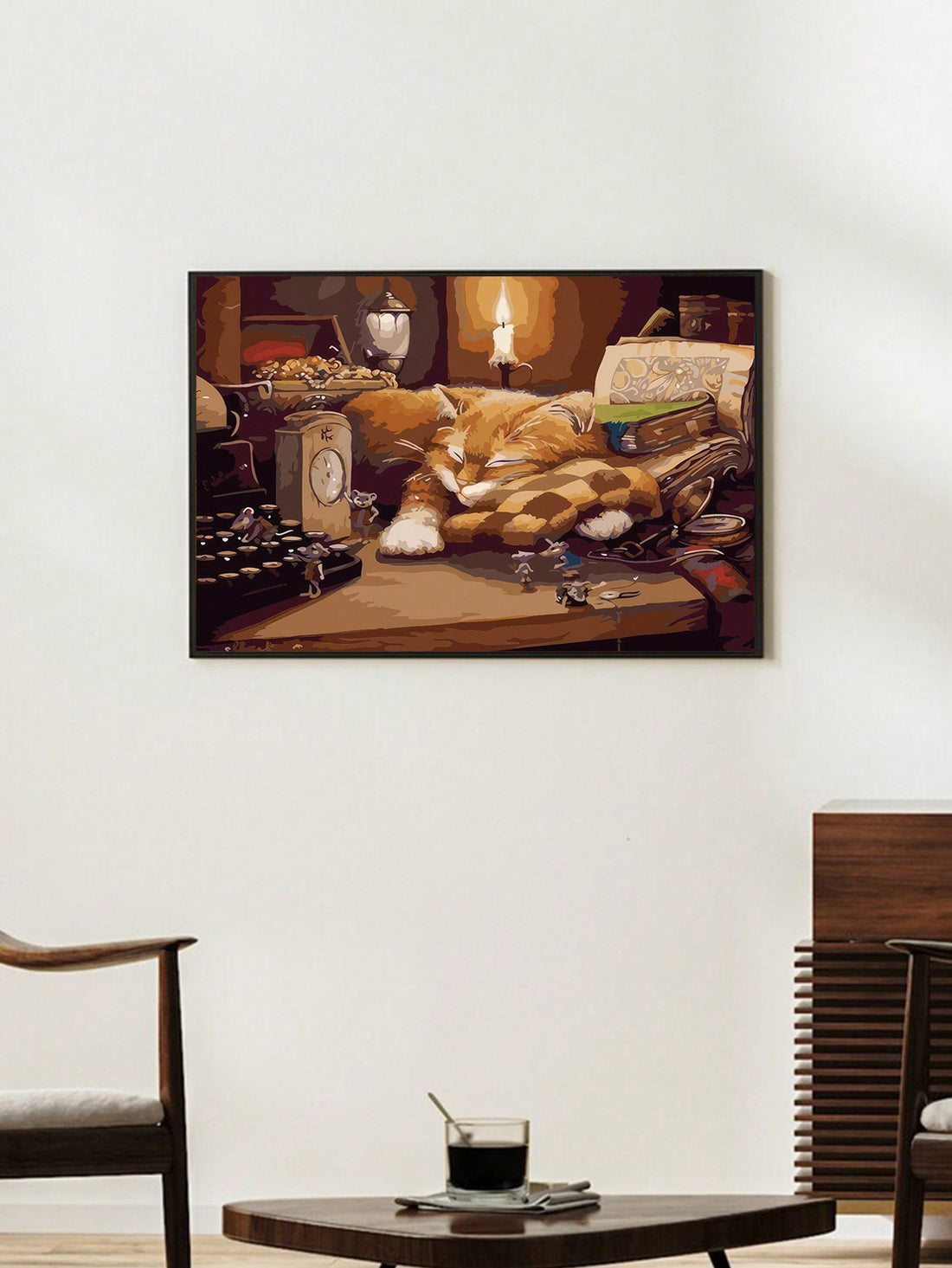 This charming canvas poster is a must-have for any cat lover's home decor. Its whimsical design features an adorable kitten that will add a touch of charm to any space. Made with high-quality materials, this poster is a delightful addition to any room. Bring a smile to your face with this delightful piece of wall art.