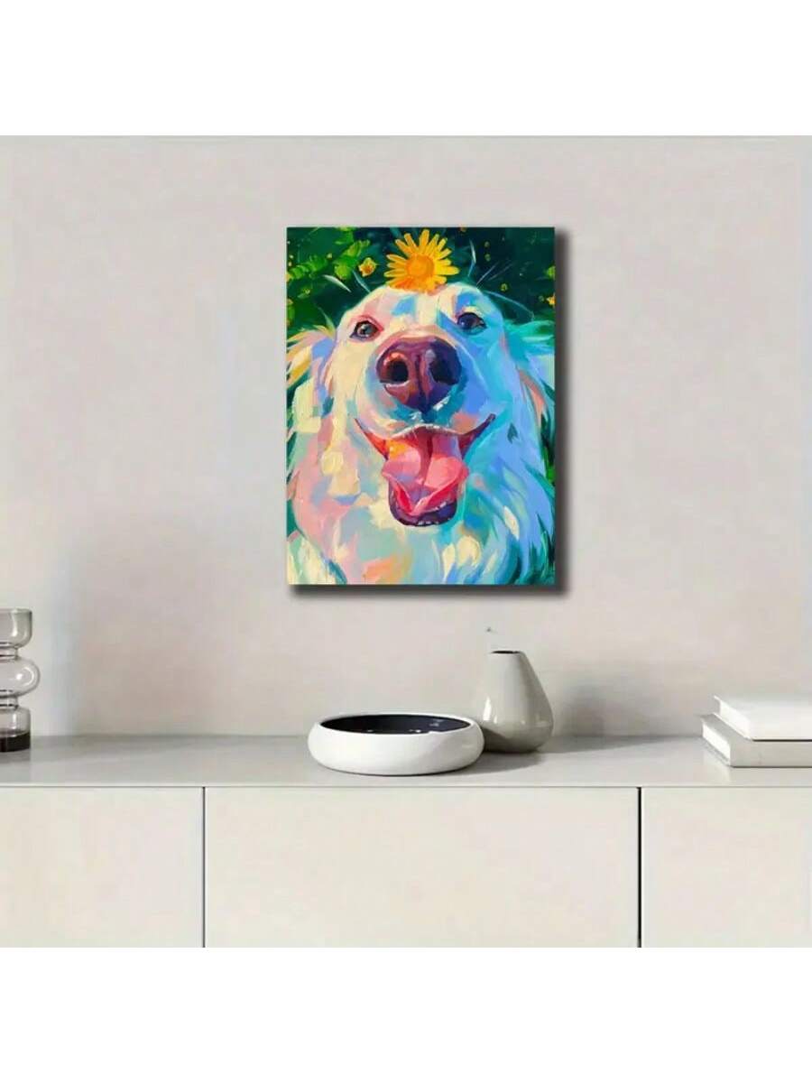 Add a pop of color and charm to any room with this Vibrant Dog Canvas Art Print. Featuring an abstract sunflower crown design, this print comes with a frame and is perfect for any space in need of some personality. Bring vibrant energy and a touch of nature to your home.