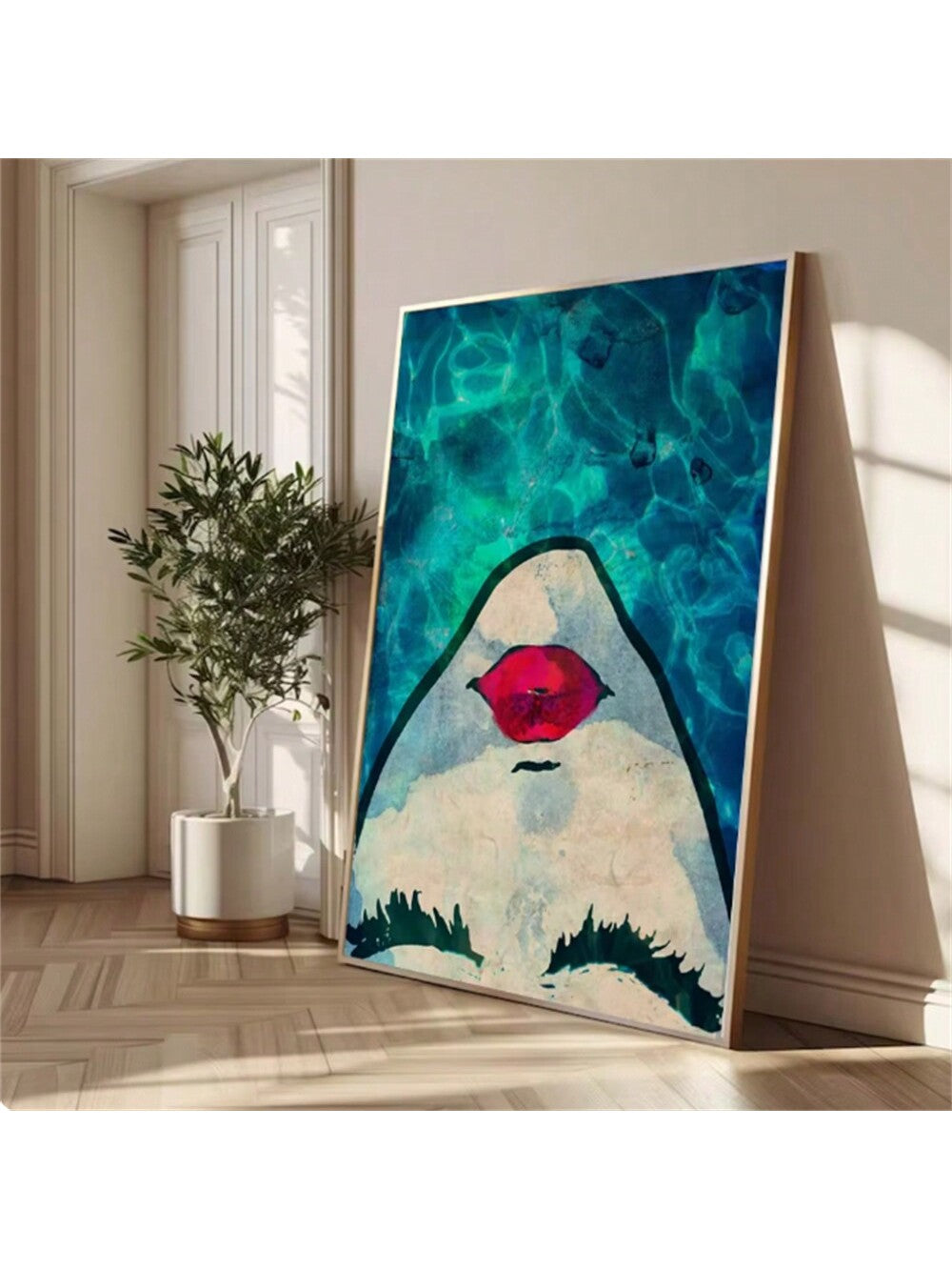 Unleash sophistication and style with this modern chic canvas art featuring an abstract pool woman with bold red lips. Enhance any home decor with this unique piece, adding a touch of elegance and charm. Bring a sense of luxury and fashion to your living space.