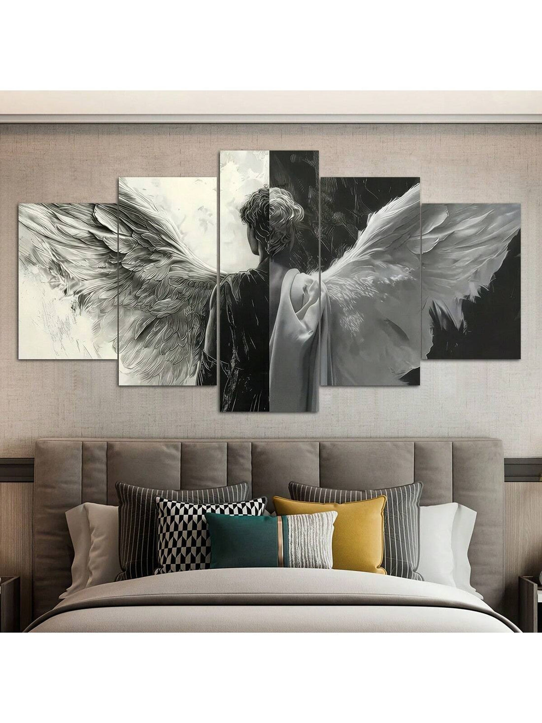 Elevate your space with this Elegant Black and White Angel Wings Canvas Art Set, featuring five framed pieces that create a striking visual impact. Perfect for home, office, or café settings, this monochrome artwork adds a sophisticated and serene atmosphere. The detailed angel wings design brings a sense of grace and inspiration, while the coordinated set ensures a cohesive and polished look on any wall. Durable framing and high-quality canvas materials guarantee lasting beauty and easy installation.