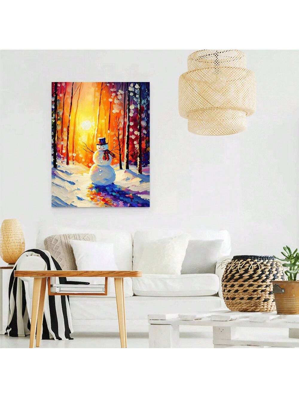 This charming canvas print showcases a delightful snowman admiring a beautiful winter sunset. Perfect for adding a festive touch to any space, this wall art captures the magic and wonder of the holiday season. Crafted with high-quality materials, this print is sure to bring joy and warmth to any room.